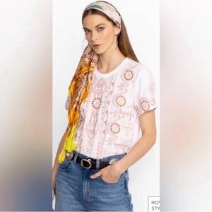 Johnny Was Boho Faye Embroidered White Pink Oversized Crew Neck T-Shirt Size S